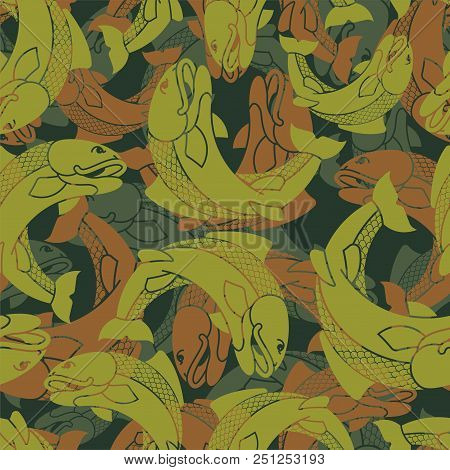 Fish Military Pattern. Fisherman Clothing Texture. Army Background. Protective Soldier Ornament. Vec