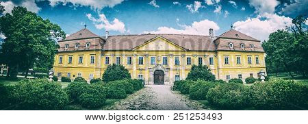 Marchegg Castle, Austria. Panoramic Photo. Architectural Scene. Travel Destination. Analog Photo Fil