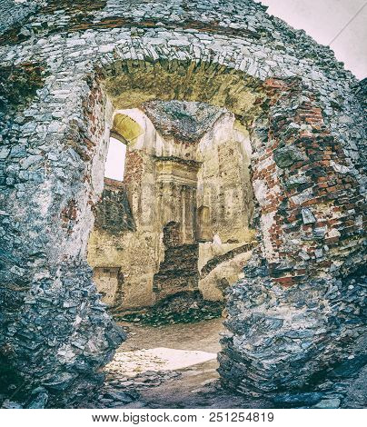 Ruins Of The Castle Gymes In Slovak Republic. Travel Destination. Detailed Scene. Analog Photo Filte