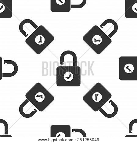 Open Padlock And Check Mark Icon Seamless Pattern On White Background. Security Check Lock Sign. Fla