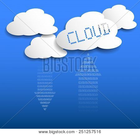 Cloud Storeage Or Cloud Computing Concept With White Cloud Shapes And Binary Code On Blue Background