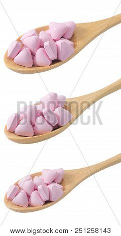 Healthcare Concept, Wooden Spoons Full With Vitamins Pills Isolated On White Background.