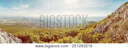 Panoramic View Of The Nitra City From Zobor Hill, Slovak Republic. Seasonal Landscape. Autumn Forest