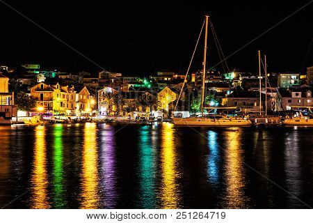 View Of Houses On Ciovo Island, Night Colorful Scene. Travel Destination. Summer Vacation.