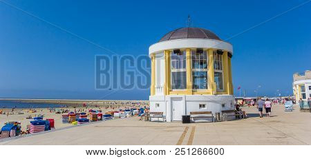 Borkum, Germany - July 25, 2018: Panorama Of The Little Music House On The Boardwalk Of Borkum, Germ