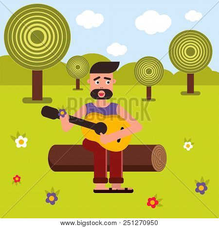 Vector Flat Illustration, Style Cartoon. A Man Sits On A Log And Plays The Guitar, Sings A Song. Nat