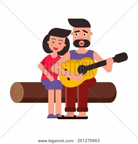 Vector Flat Illustration, Style Cartoon. Young Happy Family On A Picnic. A Couple In Love, Songs And
