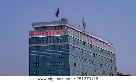 Izmir, Turkey - April 2018: The Building Of Movenpick Hotel At Dusk In Izmir, Turkey