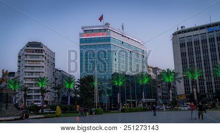 Izmir, Turkey - April 2018: The Building Of Movenpick Hotel At Republic Square During Dusk In Izmir,