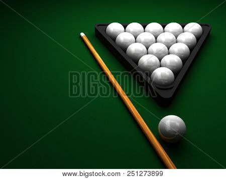 Billiard Balls With A Cue On A Green Billiard Table 3d Rendering