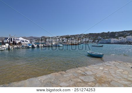 Chora Fishing Port On The Island Of Mykonos. Architecture Landscapes Travels Cruises. July 3, 2018. 