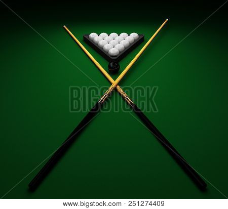 Billiard Balls With A Cue On A Green Billiard Table 3d Rendering