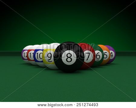 Billiard Balls On Green Table 3d Rendering