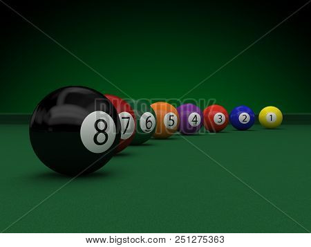 Billiard Balls On Green Table 3d Rendering