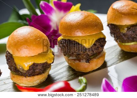 Close Up Shot Of 3 Sliders On A Plate With Cheese