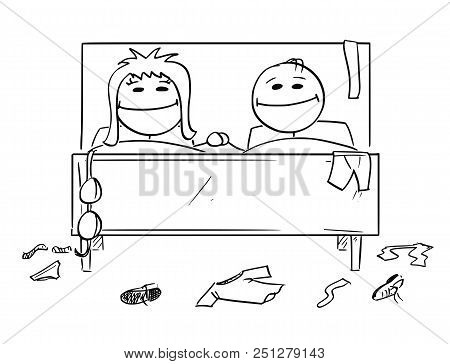 Cartoon Stick Drawing Conceptual Illustration Of Happy Couple In Bed. Man And Woman Are Satisfied Af