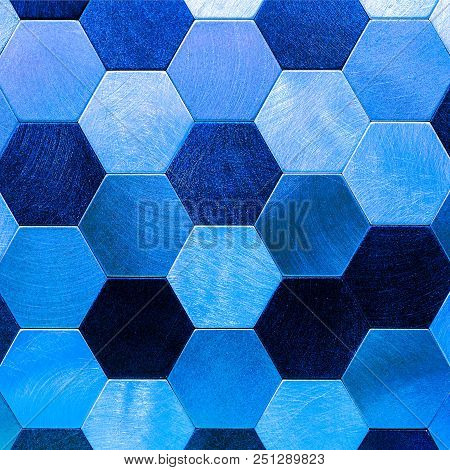 Abstract Silver With Blue Metallic Background. Geometric Hexagons. Different Color