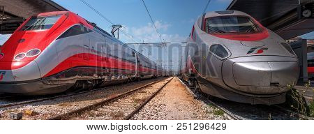 Venice, Italy - 08 May 2018: Two High-speed Trains Trenitalia At The Train Station Of Venice. Close-
