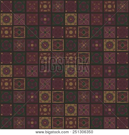 Square Vector Indian Ornaments Scarfs Contrasting Purple Yellow Green Flowers Vegetable Mosaic Orien