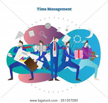 Time Management Vector Illustration. Man Try To Be In Time Everywhere. Sleep, Meeting, Business, Wor