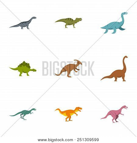 Figures Dinosaur Icons Set. Flat Set Of 9 Figures Dinosaur Vector Icons For Web Isolated On White Ba