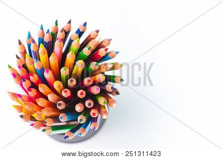 Education Or Back To School Concept. Close Up Macro Shot Of Color Pencil Pile Pencil Nibs On White B