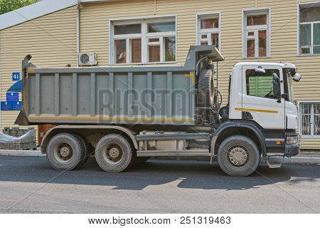 Krasnoyarsk, Russia - July 26, 2018: Scania Truck Delivered Stones For Laying Of Sidewalks, Lenina S