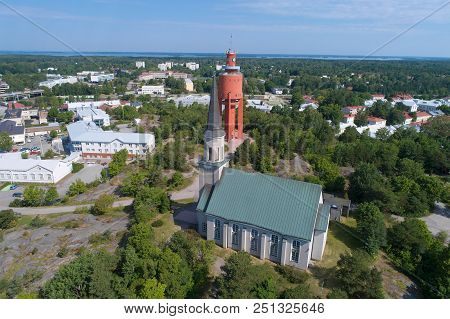 View Of The Yutheran Church And The Ancient Water Tower In The July Afternoon (aerial Survey). Hanko