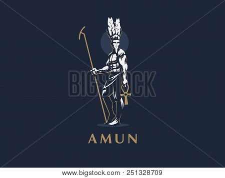 The Egyptian God Amun. Ankh In Hand. Vector Emblem.