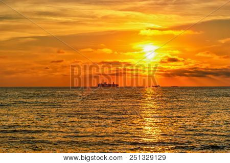 Ship Silhouettes In The Baltic Sea During A Beautiful Sunset