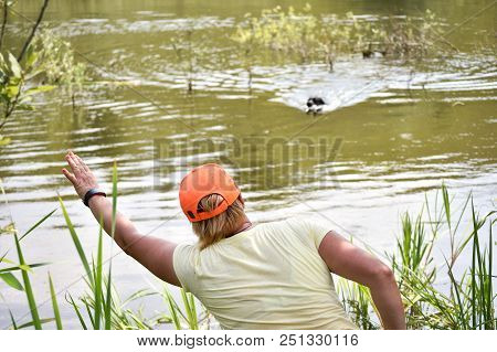 Girl Shows To The Hunting Black Labrodor Where Is The Duck In The River.