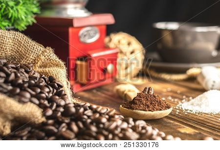 Close Up Coffee Bean On Coffee Grind Under Spoon