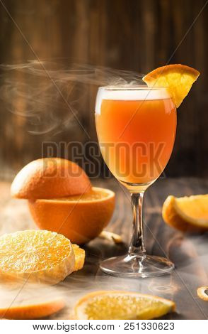 Closeup Orange Juice Mandarin Orange On  Wood,copy Space
