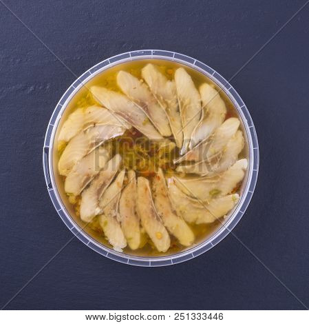 Sliced Herring In Oil Sauce Close Up, Top View