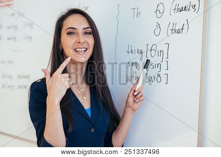 English Lesson Teacher Shows How To Pronounce The Sounds.