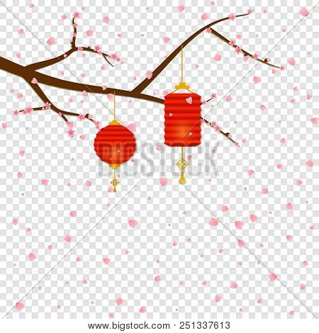 Sprigs Of Cherry Tree Flowers Sakura Fall And Chinese New Year Lanterns In Paper Cut Art Style Round