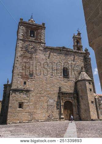 Caceres, Spain - July 13, 2018: Church Of San Mateo Located In The Square Of The Same Name, Main Fac