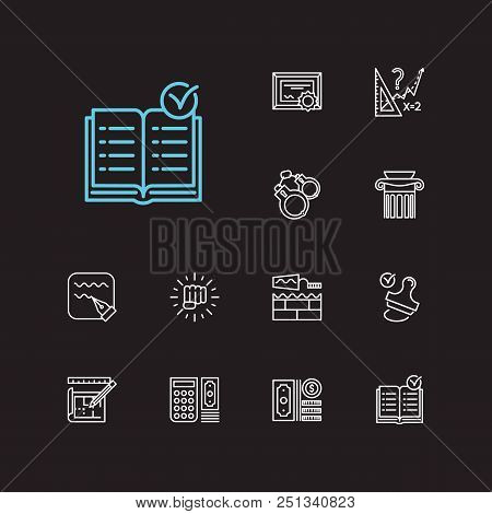 Court Icons Set. Stamp And Court Icons With Money, Handcuff, Certificate. Set Of Pay For Web App Log
