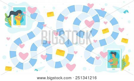 Vector Cartoon Style Illustration Of Valentine Day Board Game Template. Couple In Love Sending Messa