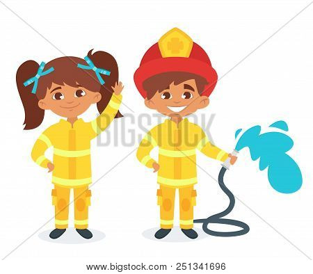 Vector Cartoon Style Cute Boy And Girl In Firefighter Uniform And Helmet Holding Fire-pump. Isolated