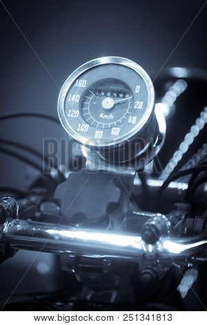Close Up Shot With The Speedometer Of A Vintage Motorcycle.