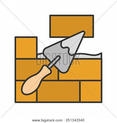 Brick Wall With Triangular Shovel Color Icon. Putty Knife, Spatula. Cement Solution. Isolated Vector