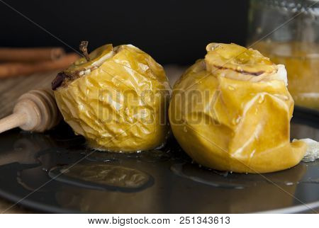 Tasty Baked Apples Stuffed With Honey And Dried Fruits, Healthy Nutrition, Delicious Sweet Food, Des