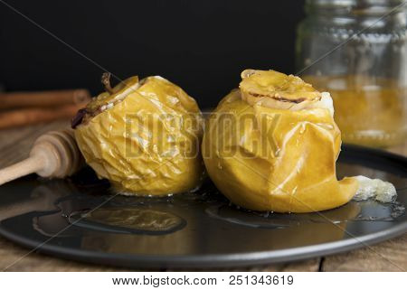 Tasty Baked Apples Stuffed With Honey And Dried Fruits, Healthy Nutrition, Delicious Sweet Food, Des