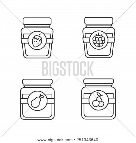 Fruit Preserves Linear Icons Set. Pear, Cherry, Raspberry And Strawberry Jam Jars. Thin Line Contour