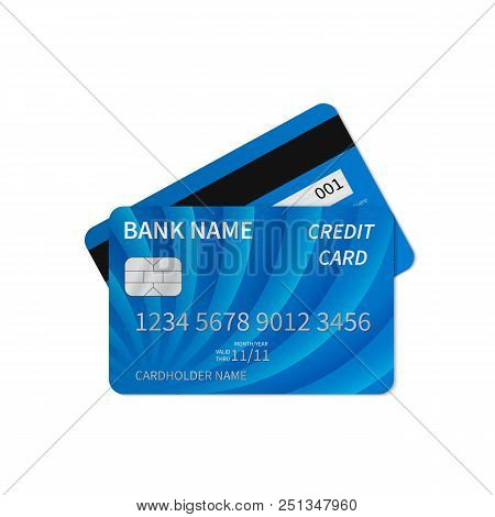 Realistic Blue Credit Card Isolated On White. Detailed Plastic Card With Silver Embossed Symbols. Mo