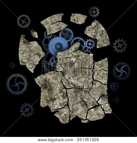 Dementia, Alzheimer Disease, Concept. Stylized Male Head Silhouette With Dry Cracked Earth And Gear 