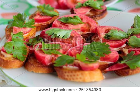 Sandwiches With Tomatoes Decorated With Percussion, A Snack For A Picnic, Fast Food