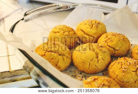 Sweet Potato And Pumpkin Bread Rolls Freshly Baked In A Pyrex Dish