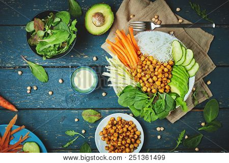 Top View Of Ingredient Set For Cooking Vegan Food, Fried Chickpeas, Rice Noodles With Wegetables On 